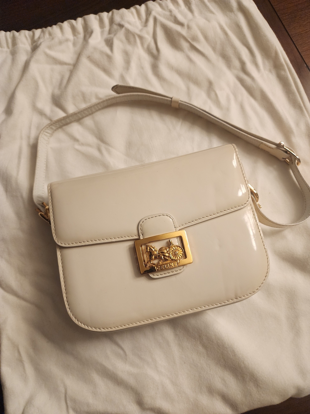 Celine Carriage Vintage Handbag Off-White Patent Leather Gold Hardware
